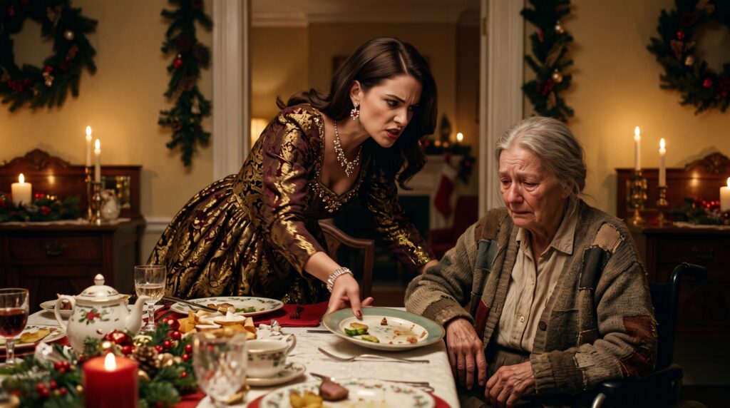 Le sirvió las sobras frías en un rincón y la humilló frente a todos en plena Navidad, sin saber que la casa y la cena se pagaron con la pensión de la anciana.